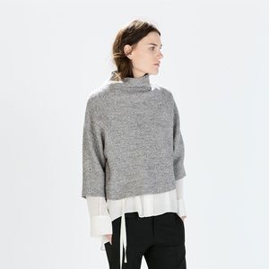 New Zara Woman Gray Sweater Box Knit Mock Neck Drop Shoulder Minimalist Sz M